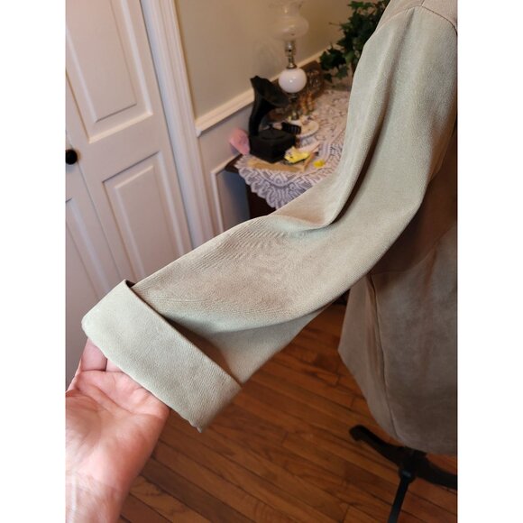 Vintage 90s Faux Suede Sage Green Duster Blazer 3/4 Rolled Sleeves 1X Minimal - Picture 4 of 7